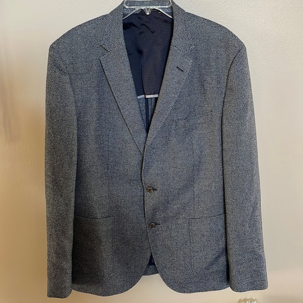 HUGO BOSS men’s wool blend sports coat jacket blue gray micro pattern NWOT 44R